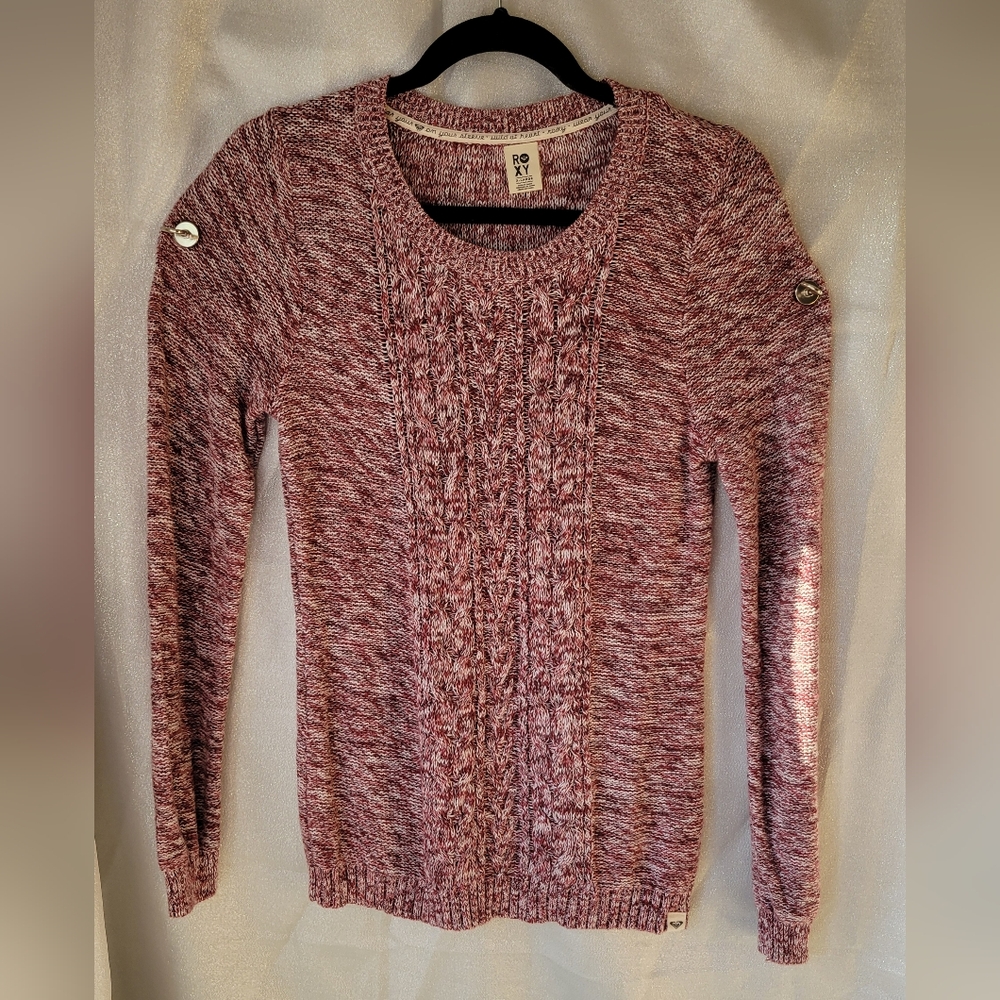 Roxy Burgundy White Cable Knit Crew Neck Sweater Size XL Long Sleeve